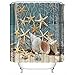 BROSHAN Beach Shower Curtains for Bathroom, Coastal Fishing Nets Seashells Conch Starfish on Wooden Board Ocean Bathroom Decor, Blue Waterproof Fabric Shower Curtain with Hooks