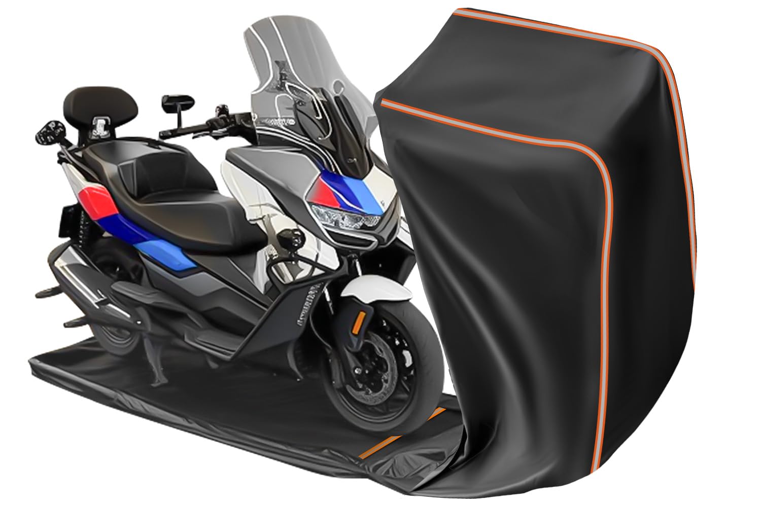 Photo 1 of FJWDSC Full Enclosed Motorcycle Cover Waterproof Outdoor/Indoor Storage Waterproof Motorcycle Cover Heavy Duty with Reflective Strips Fits Motorcycles Length up to 86.5" Yamaha Honda Harley Suzuki