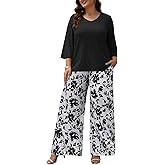 Auciccoo Womens Plus Size Lounge Sets 2 Piece Outfits 3/4 Sleeve Pullover Tops Wide Leg Pants Travel Loungewear