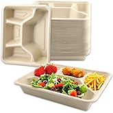 JBESUHI 50 Pack 4-Compartment disposable lunch trays – 9"x7" Heavy Duty Compostable Sugarcane Plates, Deep Divided Bagasse Lunch Trays for Dinner, Buffet, Party