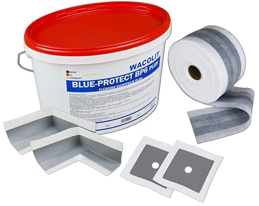 Wacolit'Dichtset 4' 6kg Flüssige Dichtfolie + 5m Dichtband + 2x Innenecke + 2x Manschette, Badabdichtung Abdichtungsset