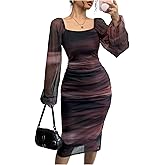 Floerns Women's Tie Dye Lantern Sleeve Bodycon Dresses Square Neck Night Out Midi Dress