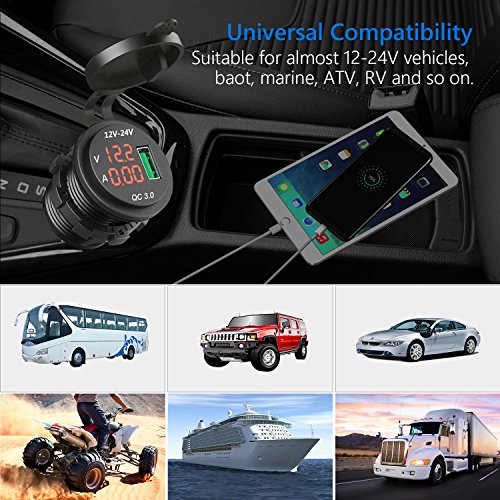 HiGoing 12V/24V Marine USB Outlet, Waterproof QC3.0 Dual USB Charger Socket with Voltmeter and Ammeter Monitoring for Car Boat Motorcycle Mobile (Updated with QC3.0) - Thumbnail 6