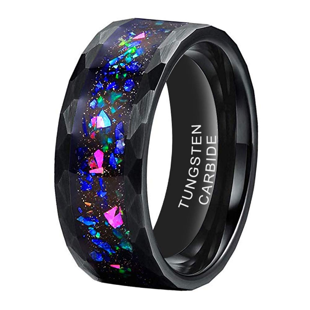 6mm 8mm Silver/Black Tungsten Rings for Men Women Wedding Bands Galaxy Opal Tiger Eyes Inlay Hammered Beveled Edges Comfort Fit
