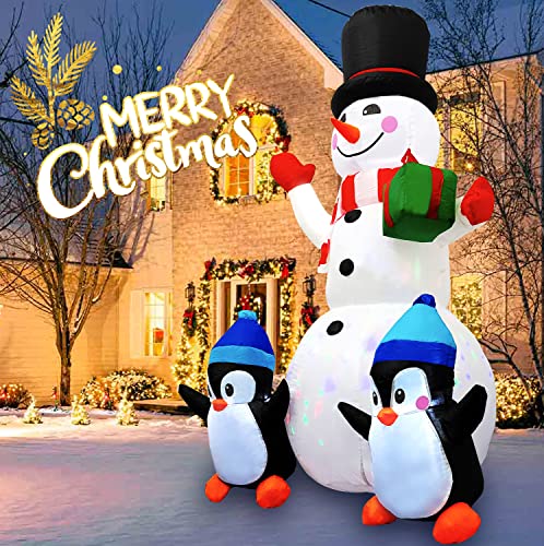 6FT Christmas Inflatables Outdoor Decorations Inflatable Snowman Penguins with Gift, Christmas Blow Up Yard Decorations with Rotating LED Lights for Indoor Outdoor Garden Lawn Holiday Décor
