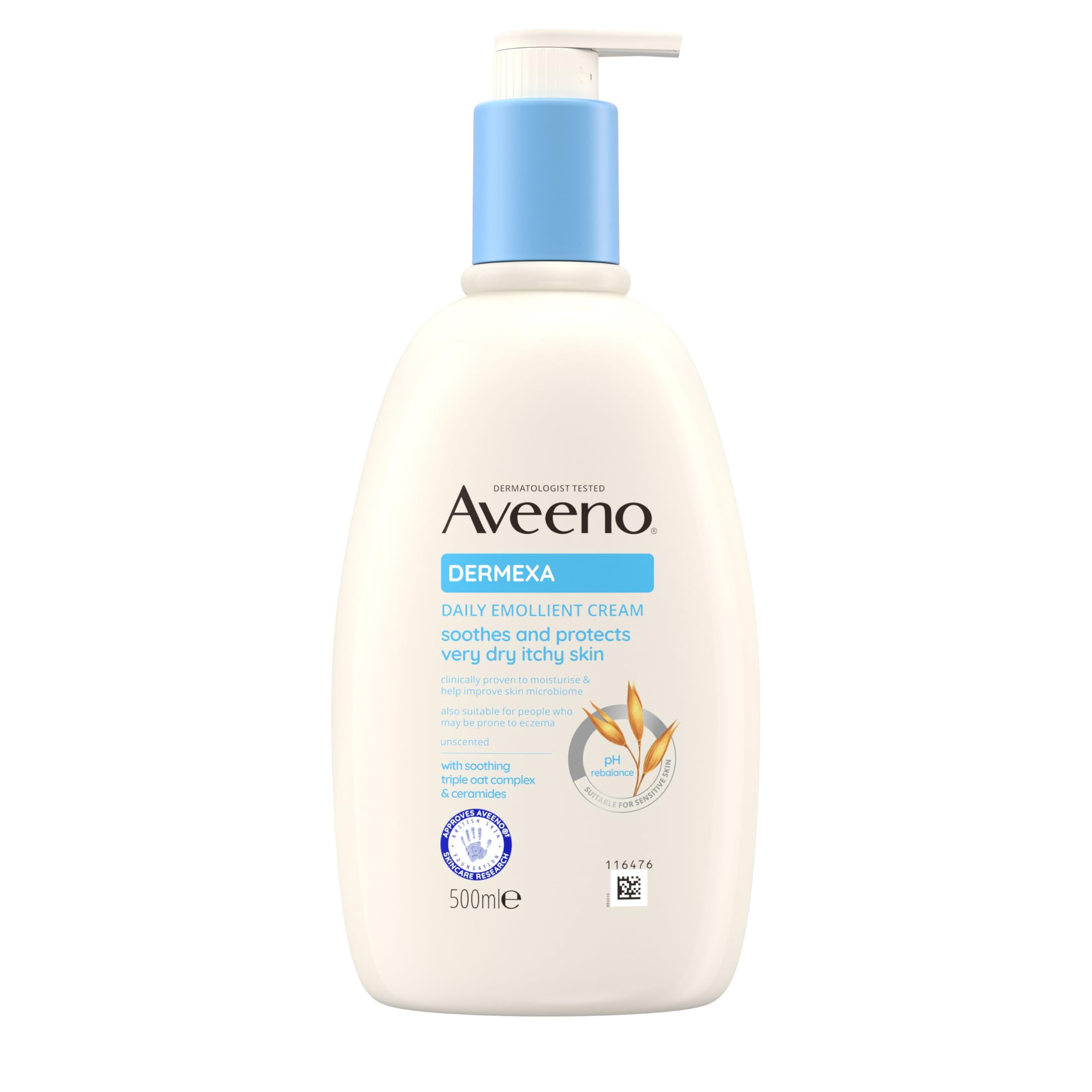 Aveeno Dermexa Daily Emollient Cream (1x 500ml), Emollient Cream Enriched with Triple Oat Complex and Ceramides for Sensitive Skin, Soothing Relief from Itchy, Dry Skin Prone to Eczema