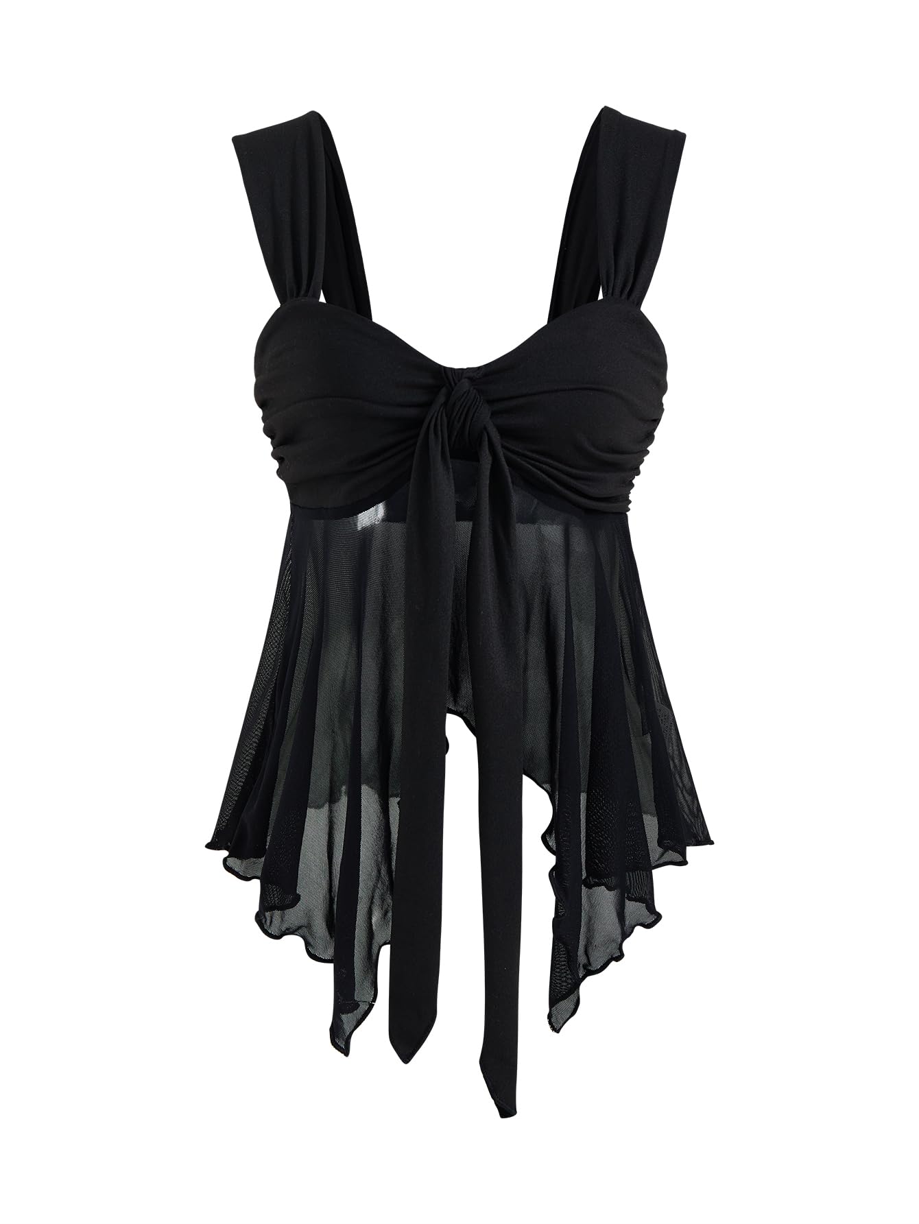 Photo 1 of Milumia Women's Asymmetrical Flowy Tank Top Y2k Tie Front Sweetheart Neck Sheer Mesh Tops Rave Black Medium