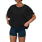 Fisoew Womens Oversized Workout Tops Short Sleeve Elastic Cuff Loose Fit T Shirt Cropped Active Tee Gym Running Shirts