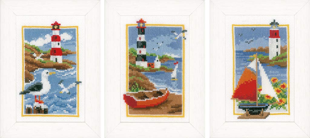 Vervaco Miniatures Set of 3, Assorted Lighthouse Counted Cross Stitch Kit, Cotton, Multicoloured, 8 x 12 x 0.3 cm, 3 Units