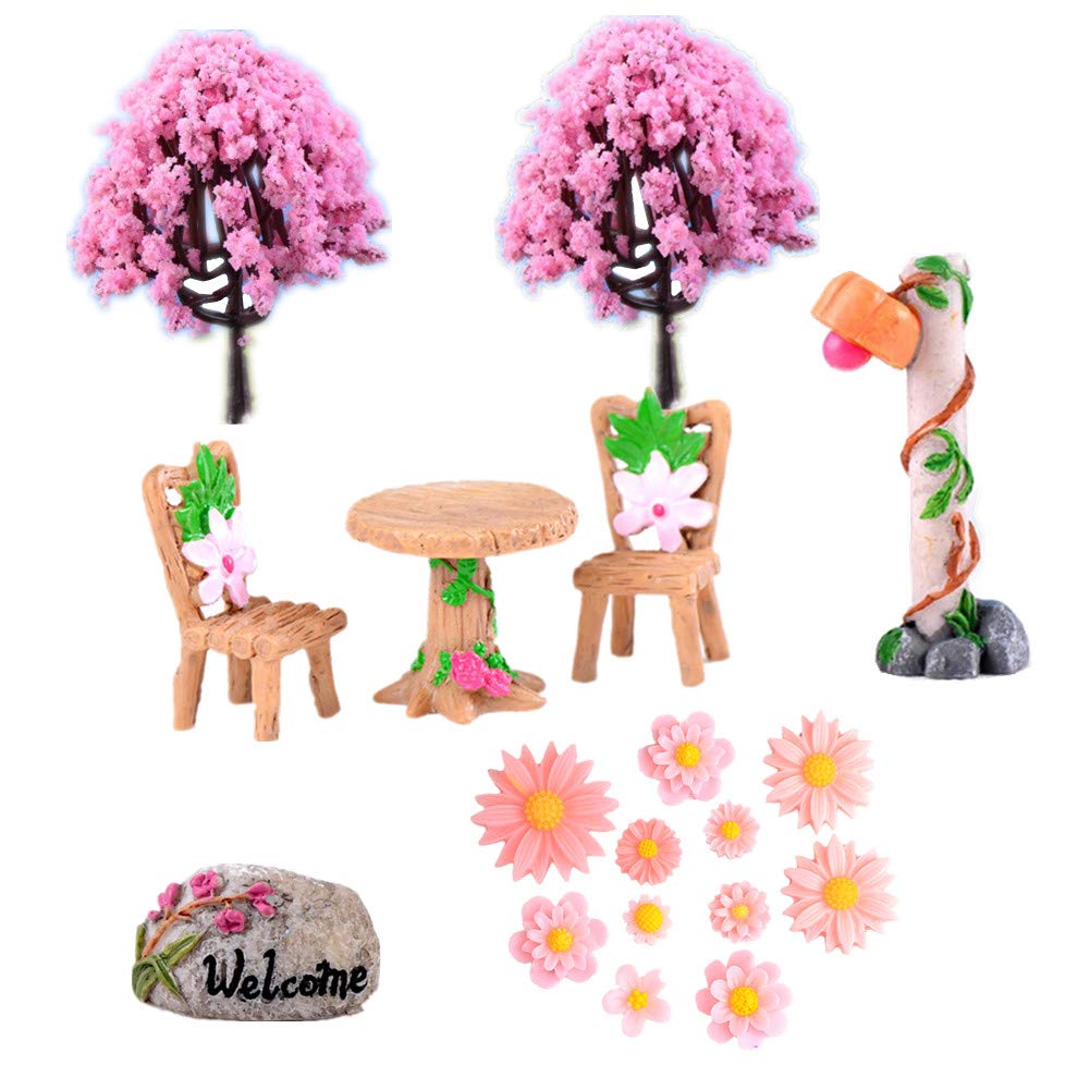 Zhiheng 18 Pack Sakura Tree Table Chairs Fairy Garden Miniature Street Lamp Welcome Flower Resin Figures for Bonsai Landscape Outdoor Dollhouse Décor