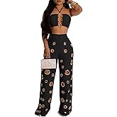 BOKITECAO Womens Sexy Hollow Out 2 Piece Outfit Crop Tops Pants Sets Bodycon Jumpsuits Outfits