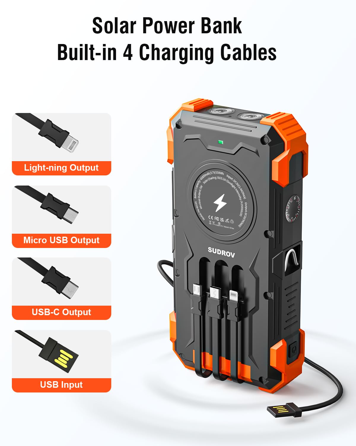 Solar Charger Power Bank, 42800mAh Wireless Portable Charger with USB-C in/Output, QC3.0 Fast Charging 15W 4 Ports Outdoor Battery Pack Built-in Dual Led Flashlights for iPhone Samsung etc