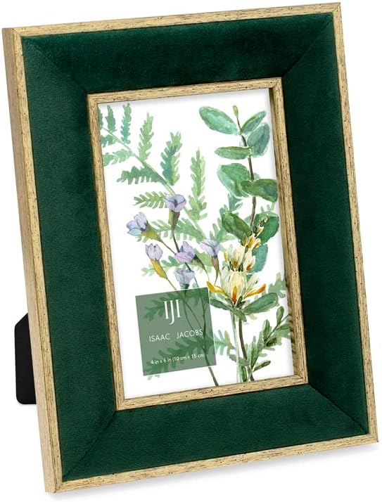 Photo Albums, Frames & Accessories - Isaac Jacobs 4x6 Green Velvet Picture Frame with Metallic Gold Double Border, Photo Frame, Horizontal & Vertical, Made for Tabletop & Wall Display, for Home and Office (4x6, Green with Gold)