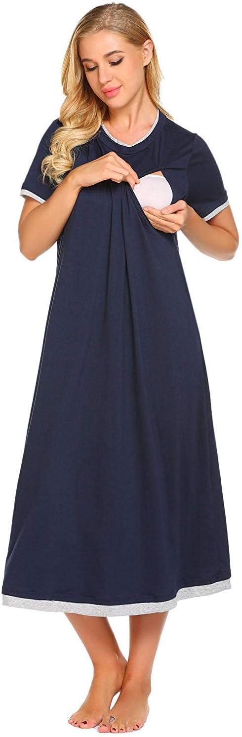 Womens Long Maternity Nightdress Short Sleeve Gown Pregnancy Nursing Clothing Dress Loose Maternity Dress for Pregnant and Breastfeeding with Nursing Function