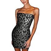 ZGMYC Women's Glitter Sequin Leopard Mini Dress Sexy Sleeveless Spaghetti Strap Bodycon Dress Slim Fit Short Party Dress