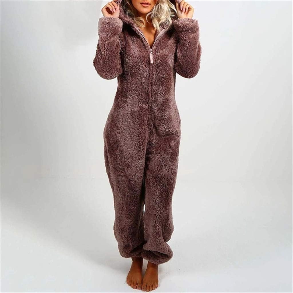 VEKDONE Women Winter Warm Sherpa Romper Fleece Onesie Pajama One Piece Zipper Hooded Jumpsuit Sleepwear Playsuit at  Women’s Clothing store