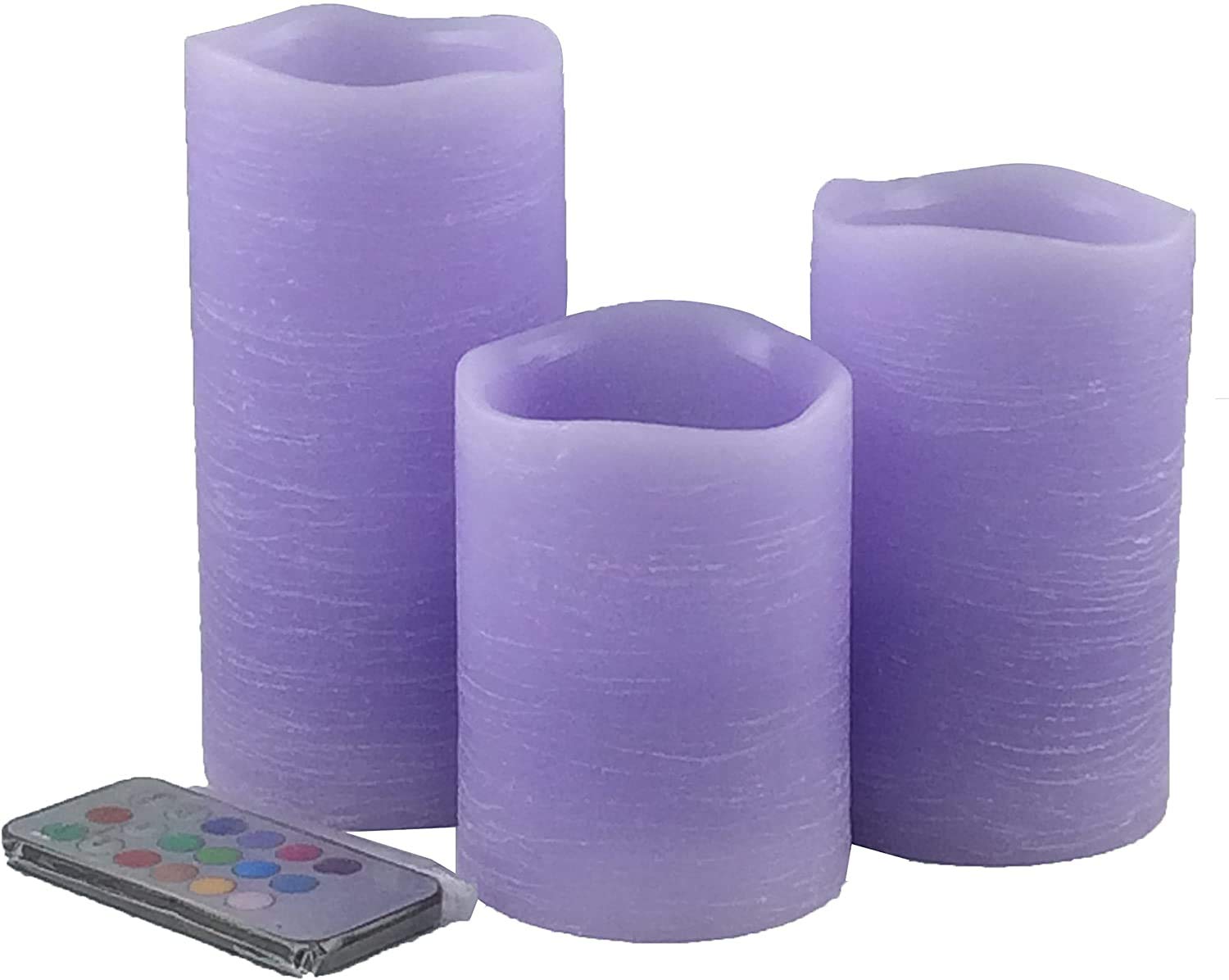 Adoria Purple Flameless Candles Gift Set of 3- Realistic Rustic Pillar Candles Remote and Timer - Lavendar Scented -Tall 4, 5, 6 Inch
