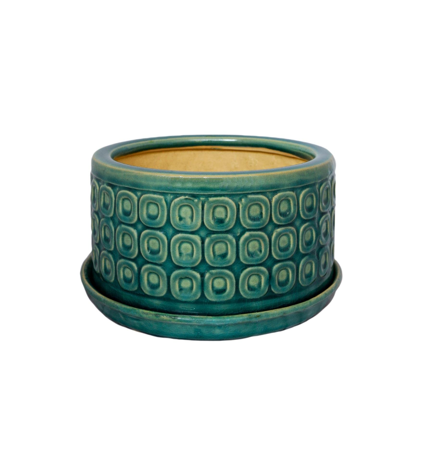 Ivyline Round Bonsai Planter in Teal - Waterproof & Durable - Contemporary Premium Glazed Decorative Indoor Ceramic Flower Pot - H38.5cm x D20cm