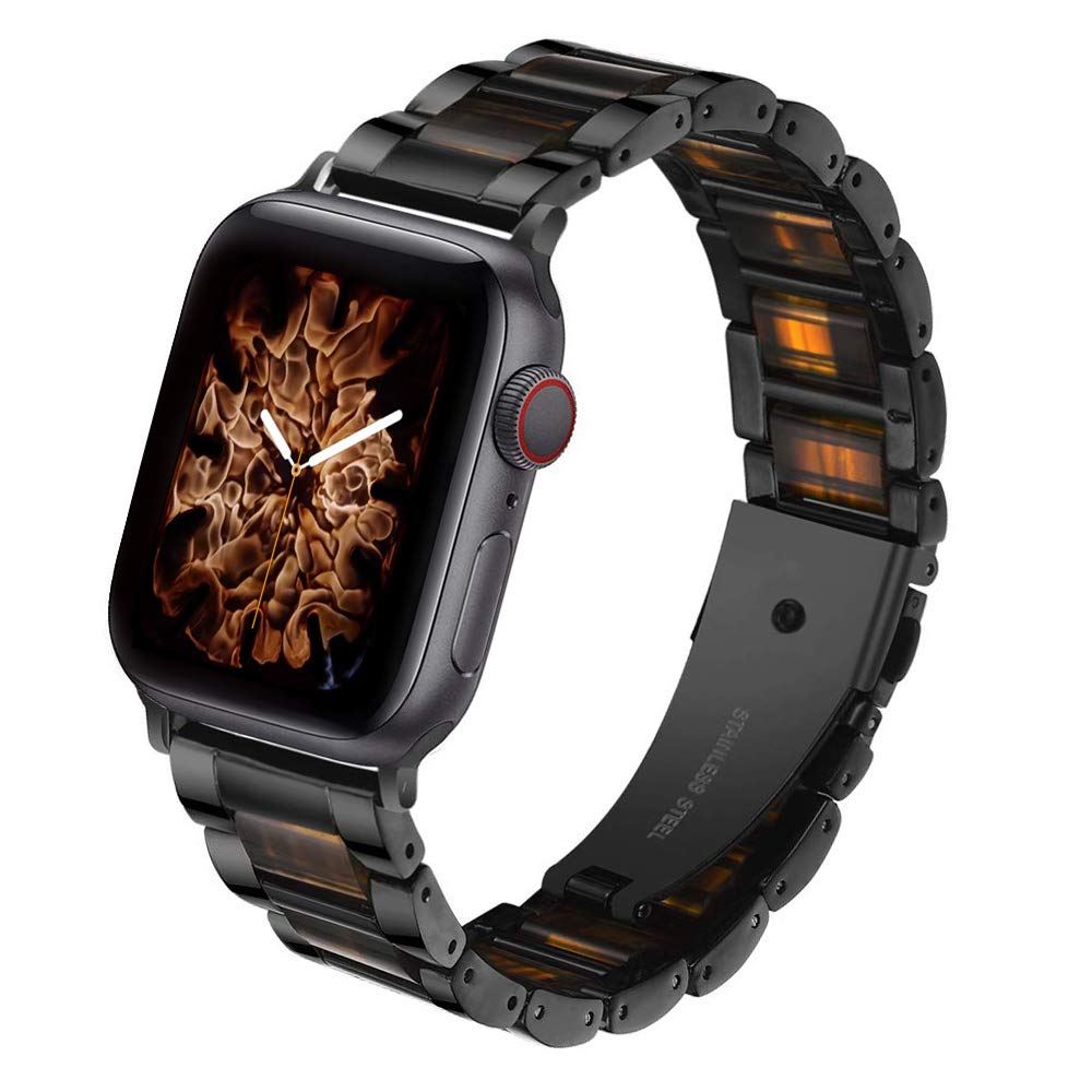 Caunedy Compatible with Apple Watch Strap 38MM/40MM/42MM/44MM,Solid Stainless Steel Metal Wristband Replacement for Series 5/4/3/2/1,Colourful Resin Bracelet Strap (38/40mm, Black&Honey) โ image 1