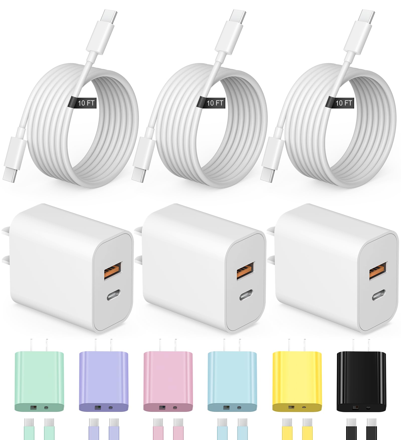 iPhone 17 16 15 Charger Fast Charging 10FT Long USB C Charger Cable with 20W Dual Port Block - Type C Charging Cable Compatible with iPhone 17/17 Pro/17 Pro Max/17 Air, 16/16e, 15, 3 Pack (White)