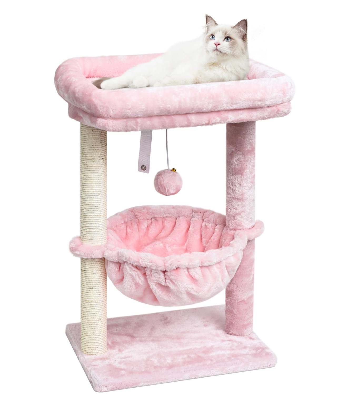 Photo 1 of SYANDLVY Small Cat Tree for Indoor Cats, Activity Cat Tower with Scratching Post for Kittens, Modern Cat Furniture with Basket & Hanging Ball for Play Rest, Pink
