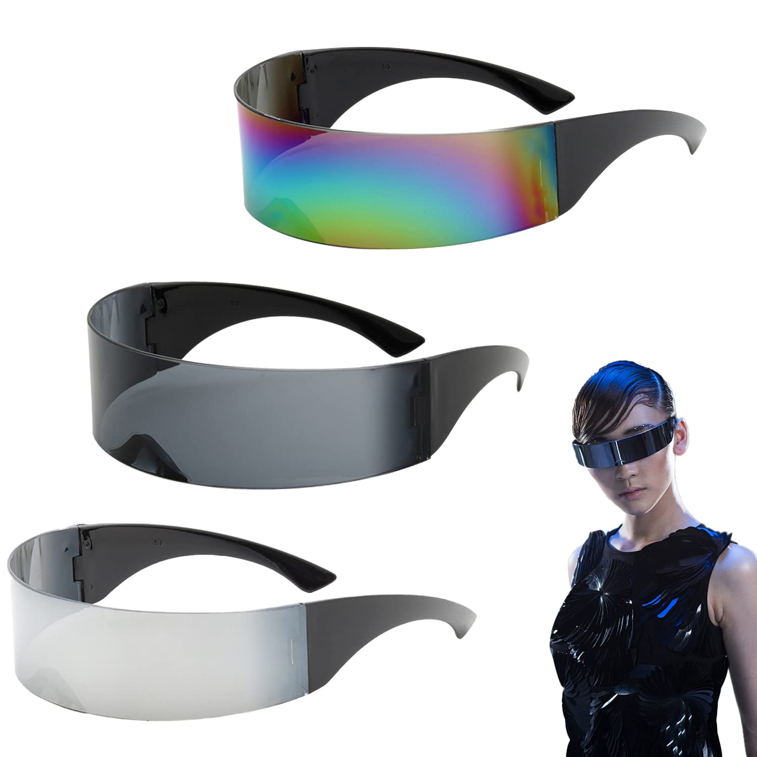 LSYYSL 3 Pairs Futuristic Sunglasses, Funny Mirrored Party Glasses, Slim Space Alien Glasses for Halloween, Cosplay, Carnival, Club (Grey, Silver, Colorful)