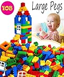 Premium Large Pegs Big Dots Building Bricks 4 Color - 108 Pack with bricks, Doors and Windows - Compatible with All Major Double or Duple Size Bricks(Red,Yellow,Blue and Green）