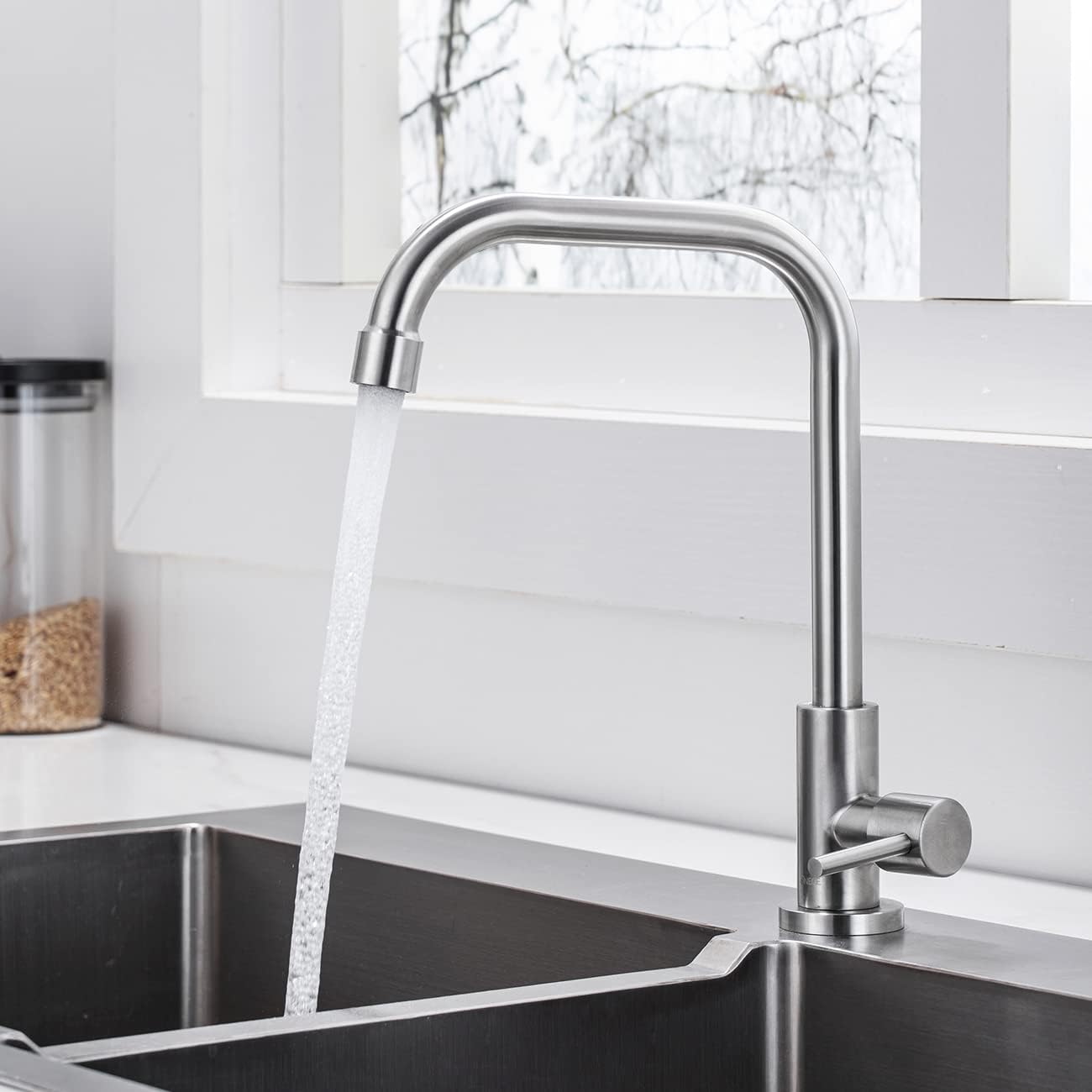 ONECE Kitchen Tap Cold Water with 360° Rotation, Cold Water Tap Kitchen Made of Stainless Steel, Kitchen Tap Cold Water with Connection Hose and Removable Bubbler, Matt