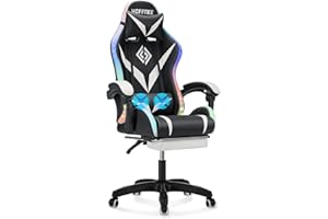 VANSPACE Gaming Chair with Massage and LED Lights Ergonomic Computer Chair with Footrest Reclining High Back Video Game Chair for Adults with Adjustable Lumbar Support White and Black