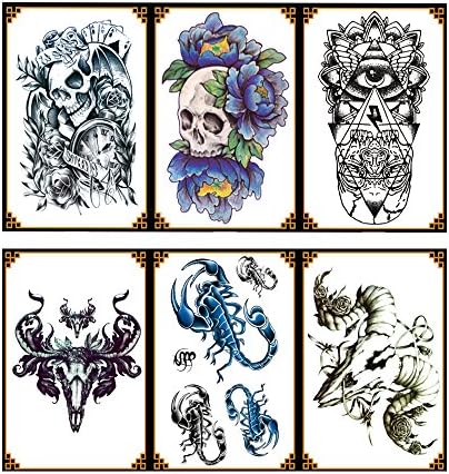 VanTattoo (6Sheets) Fashion Body Art Stickers Removable Waterproof Temporary Tattoo –Skeleton, eyes, Tau, centipede, insects