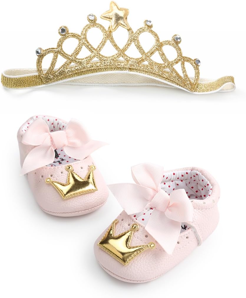 Infant Toddler Girls Birthday Shoes Soft Sole Anti-Slip Party Dress Shoes Prewalker with Crown Headband