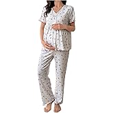 OYOANGLE Women's Maternity Floral Pajama Set Button Down Sleepwear Short Sleeve Shirt and Pants Pjs Sleepwear
