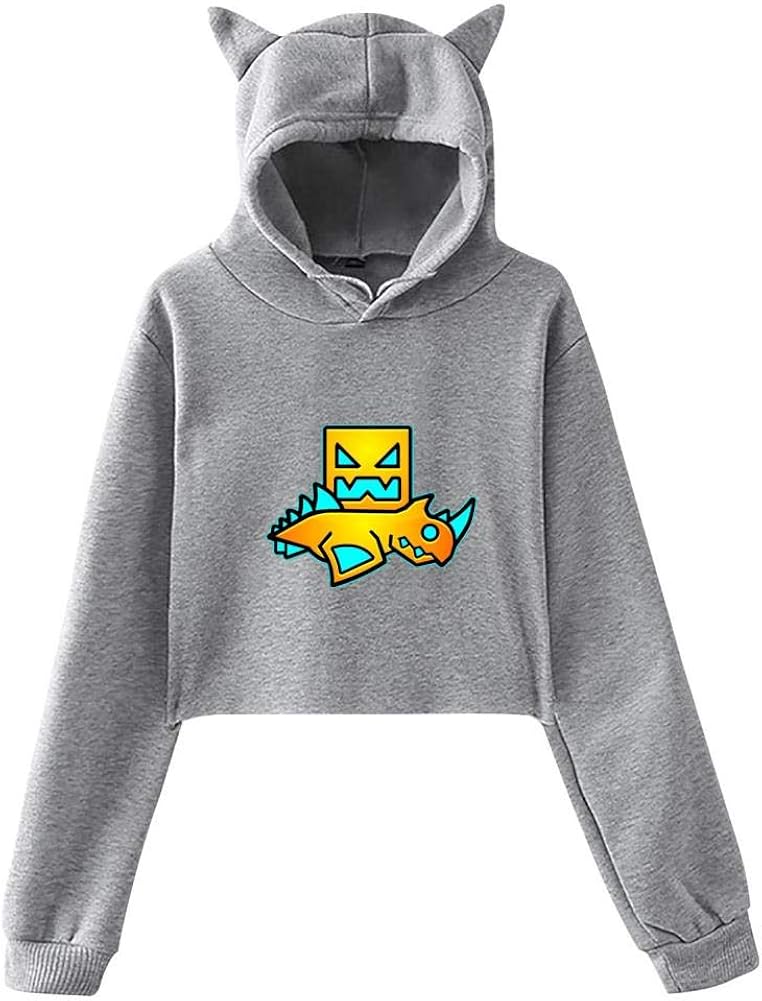 3D Print Womens Cute Cat Ear Crop Top Hoodie Geometry Spider Dash Crop Top Sweatshirt