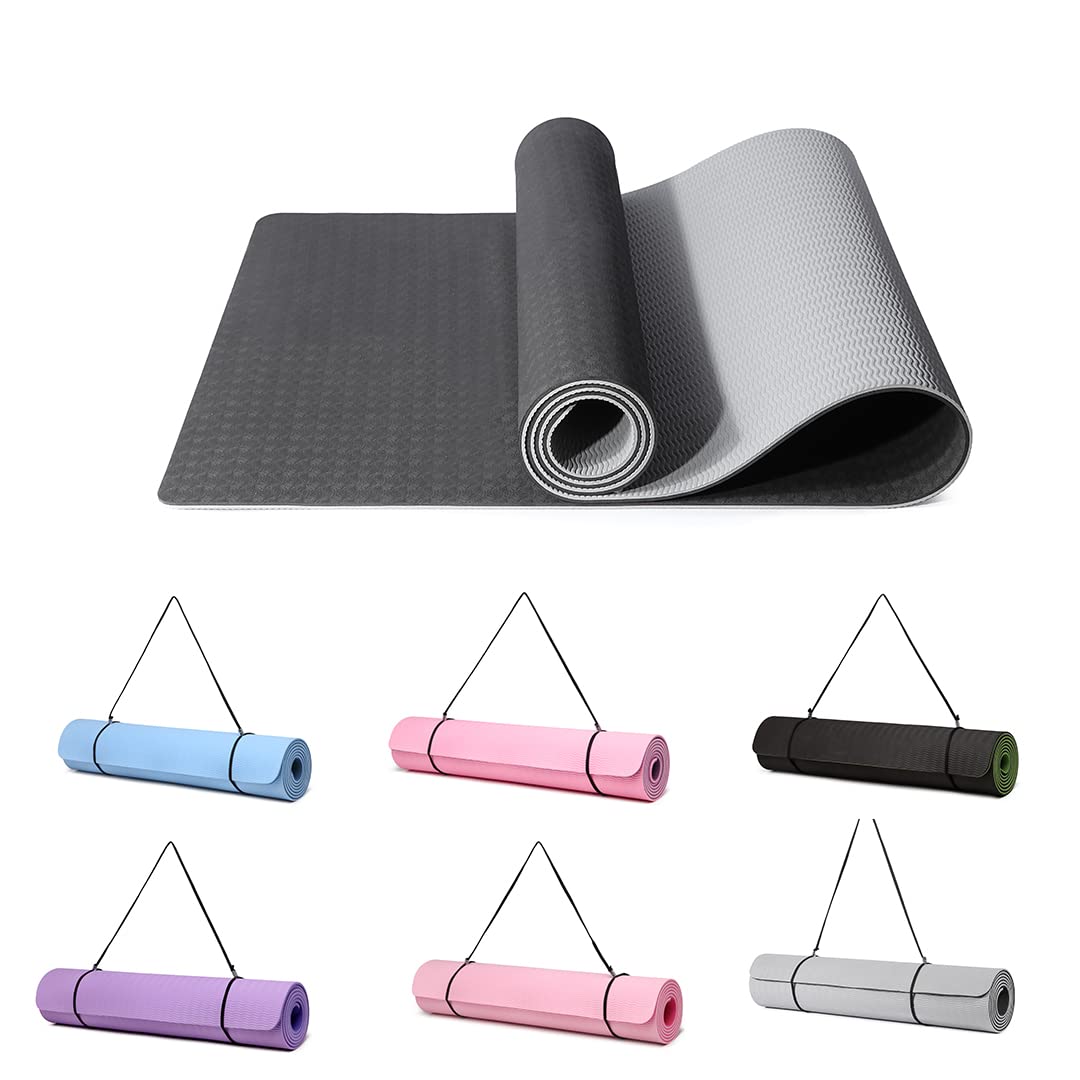 Good Nite Yoga Mat TPE Non-Slip Exercise Fitness Pilates Gymnastics Training Sport Mat Turn Mats Floor Gym with Carry Strap 183 x 61 x 0.6 cm(Grey/Black)