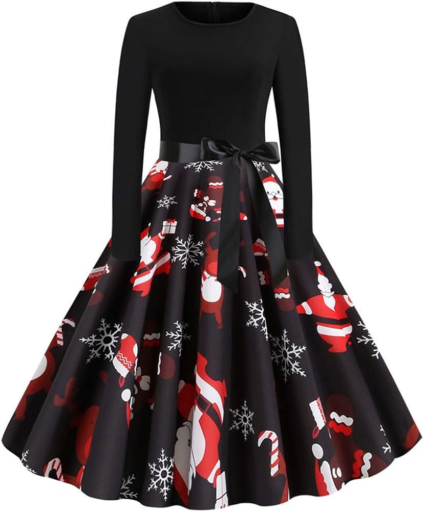 Libermall Womens Dress Elegant Christmas Bow Print Formal Xmas Dress