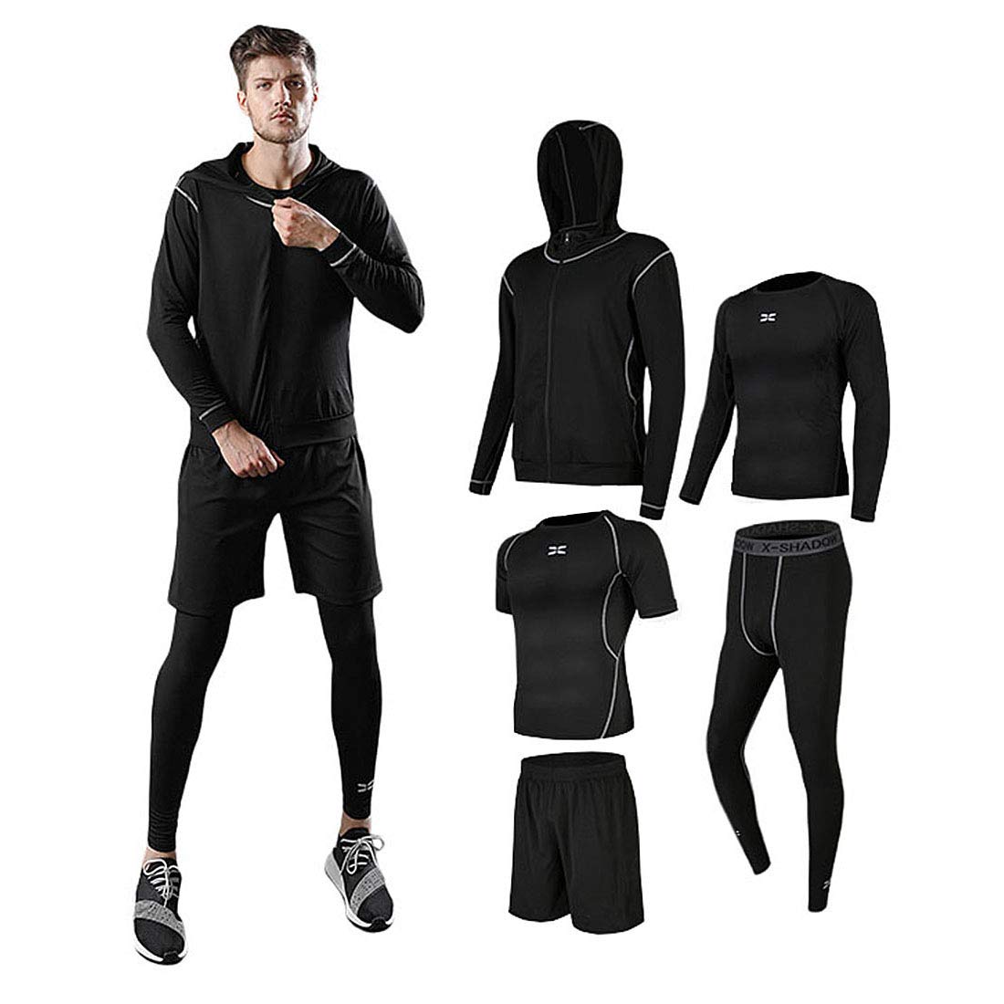 foveitaa Men’s Compression Clothing 5-Piece Set, Training Wear, Breathable, Odor Resistant, Sportswear, Hoodie, Long Sleeve Shirt, Short Sleeve Shirt, Shorts, Tights, Sweat-Absorbent, Quick-Drying