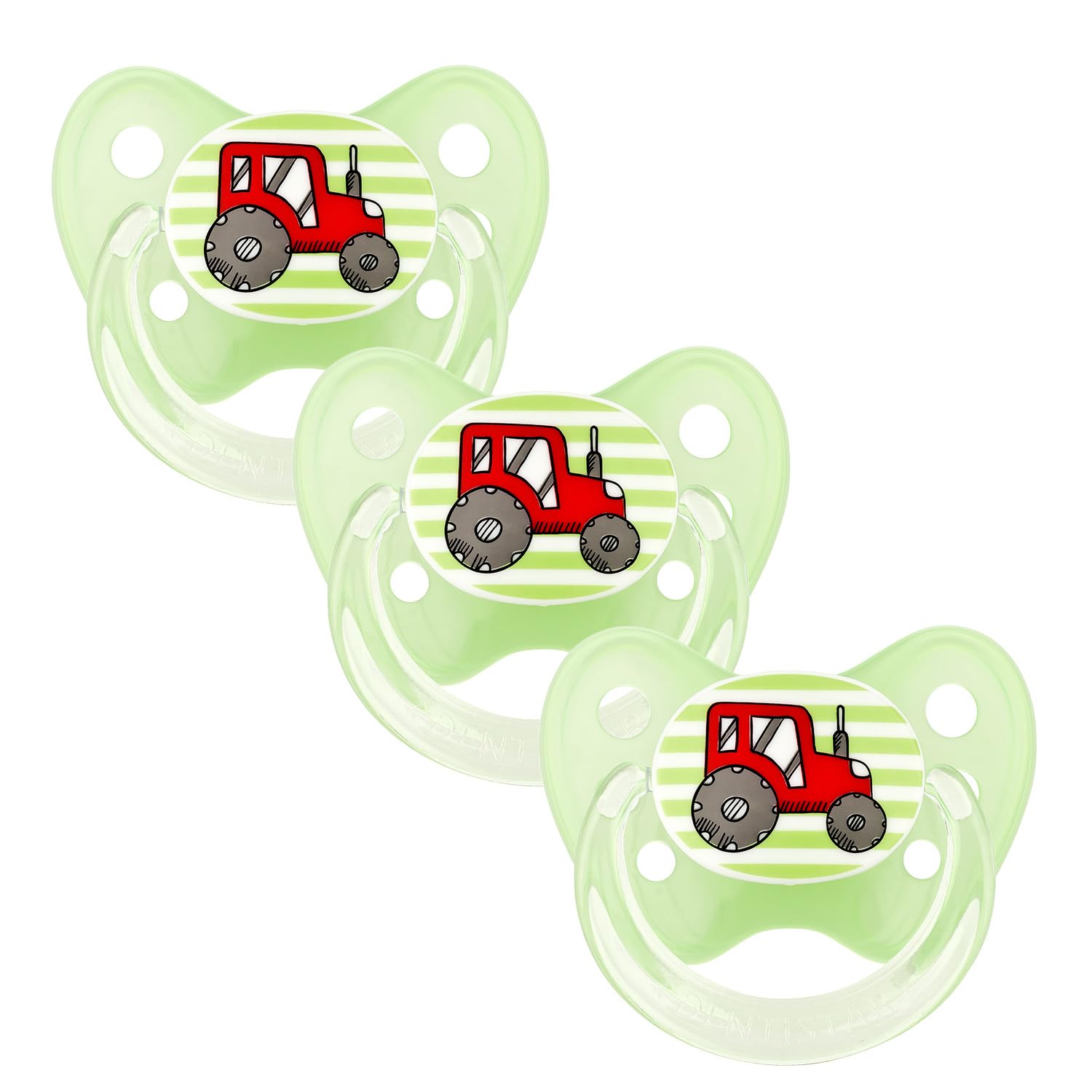 dentistar Silicone Soother Set of 3 - Size 2, 6-14 Months - Tooth and Jaw Friendly Silicone Soother with Dental Step - BPA Free - Made in Germany - Tractor, Green