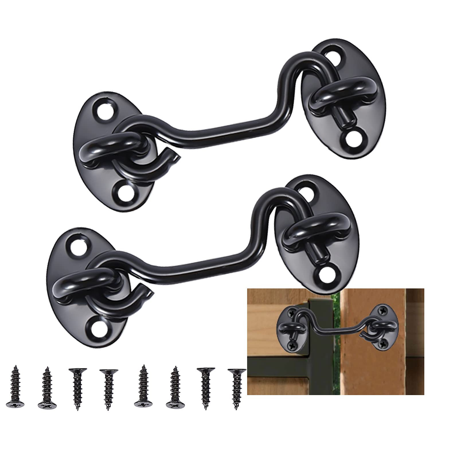 3 Inch Cabin Hook and Eye Latch, Black Stainless Steel Gate Lock, Barn Door Swivel Window Lock With Mounting Screws for Shed, Garage (2pcs)