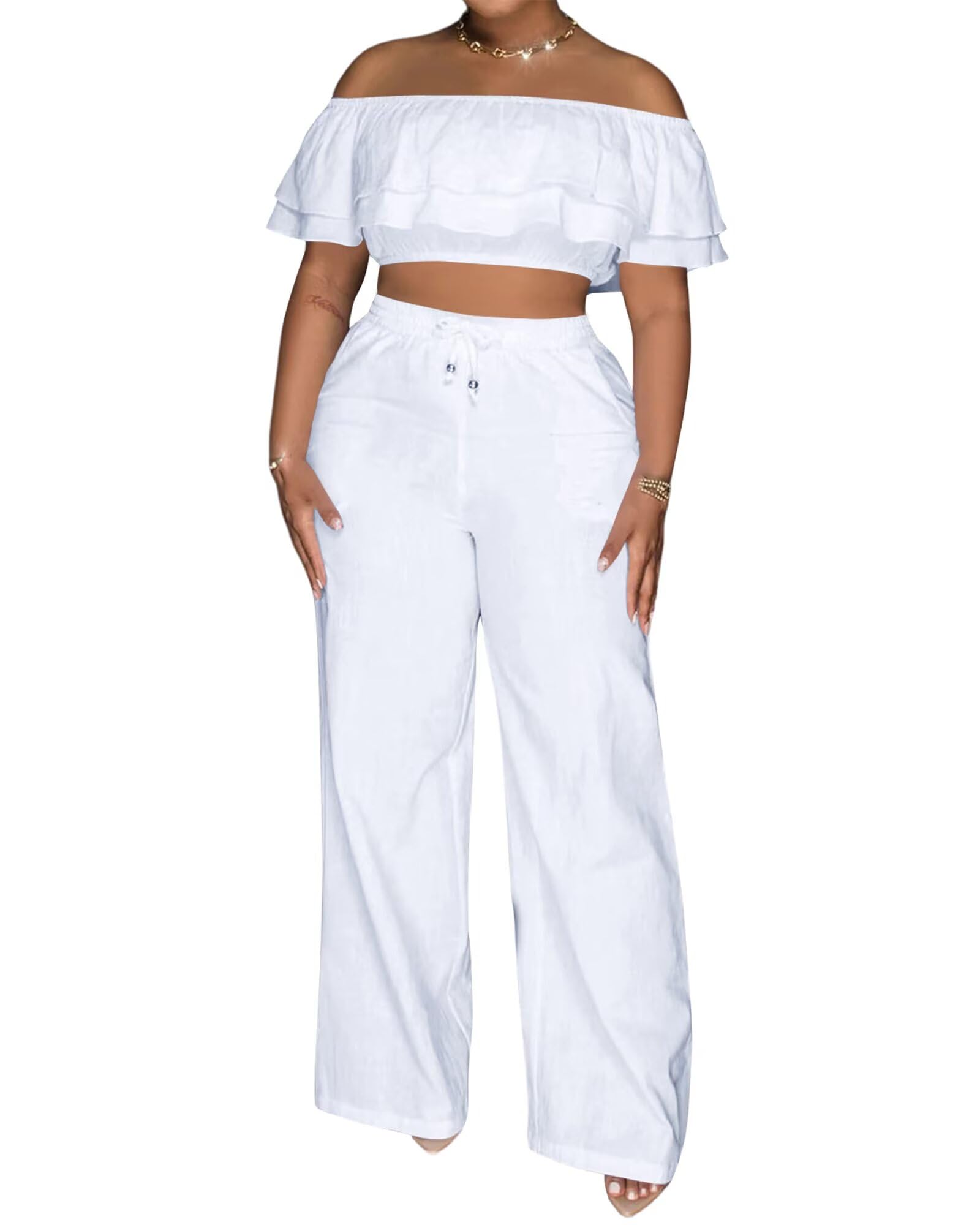 Photo 1 of Adogirl 2 Piece Outfits For Women Off Shoulder Ruffle Trim Short Sleeve Top Wide Leg Pants Sets Sexy Outfits White S