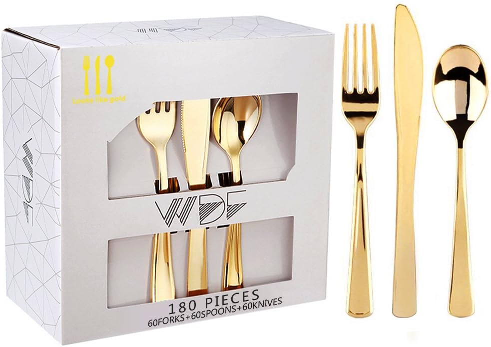 180 Pieces Disposable Plastic Gold Silverware Cutlery, Shiny Metallic Flatware 60 Forks, 60 Knives and 60 Spoons -WDF (Gold)