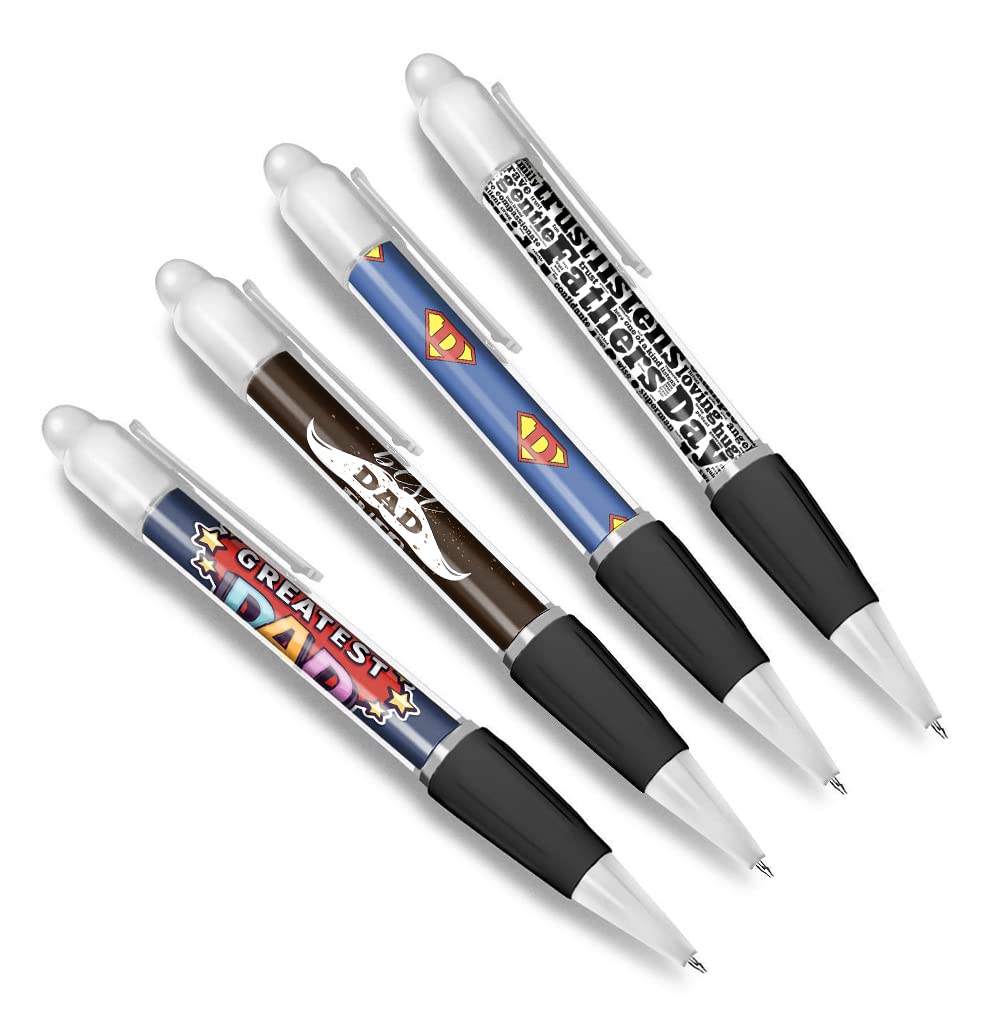 DV DESIGN Set of 4 Dad White Ballpoint Pens - Best Father's Day Super Daddy Moustache Themed Boys Girls Men Women Pen #79606