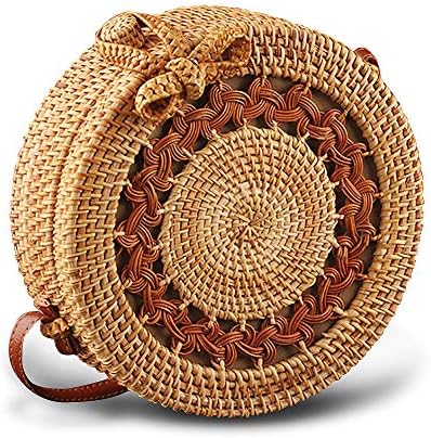 Olyphy Round Straw Shoulder Bag for Women, Weave Crossbody Bag Top Handle Handbag Summer Beach Purse