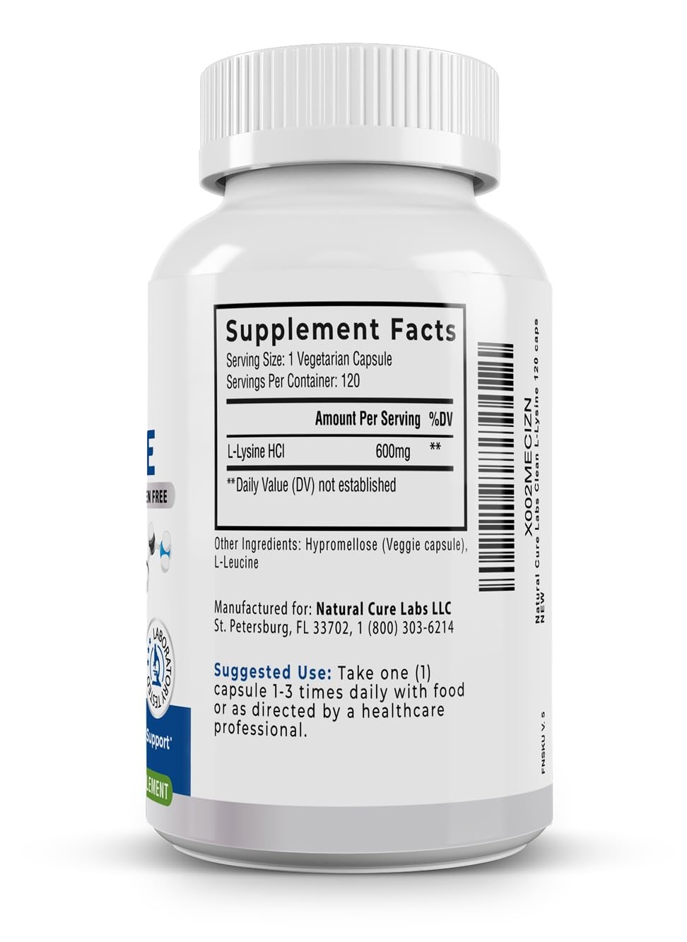 Palmara Health Clean L-Lysine 600mg, 120 Capsules | Vegan, Non-GMO, & Gluten Free