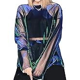 Women See-Thru Sparkly Cover Up Tops E-Girls Metallic Shiny Oversized Tee Shirts