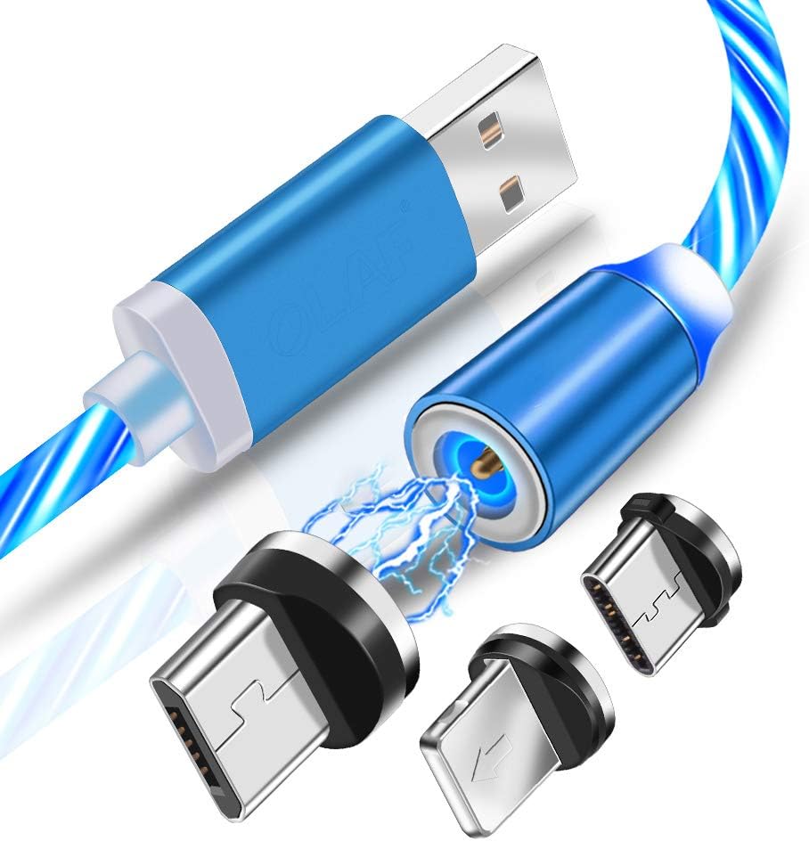 UGI 6.6ft Magnetic 3 in 1 LED Flowing Light Cable with 360 Degree Rotary Type C, Micro USB, i- Product Connectors for iOS and Android Devices, Blue
