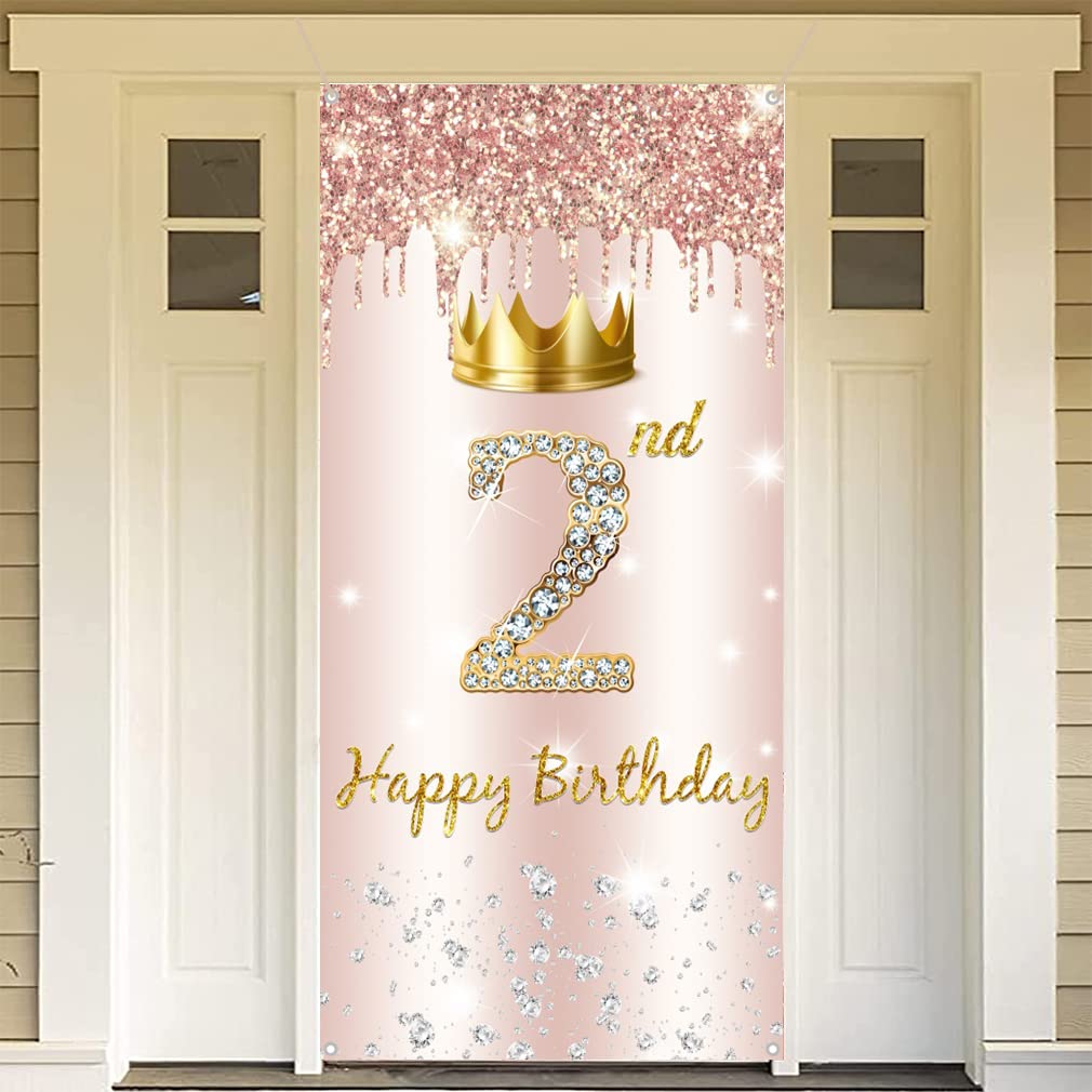 2nd Birthday Decoration for Girl, Happy 2nd Birthday Backdrop Banner Rosegold Fabric Sign Poster Girl 2 Years Old Door Banner Party Welcome Sign Photo Background, 180 cm x 90 cm