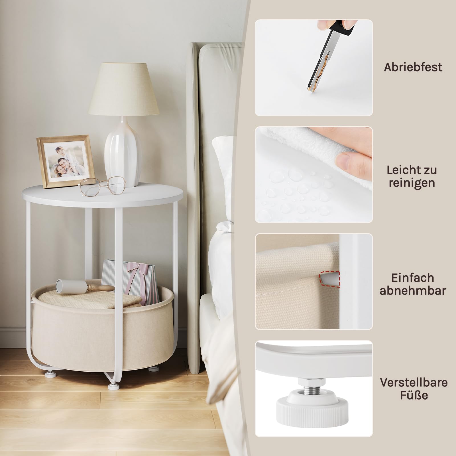 WOLTU Couchtisch rund, Kleiner Beistelltisch, mit abnehmbarem Stoffkorb, Metallrahmen, für Sofa Wohnzimmer Schlafzimmer, Weiß + Beige 5
