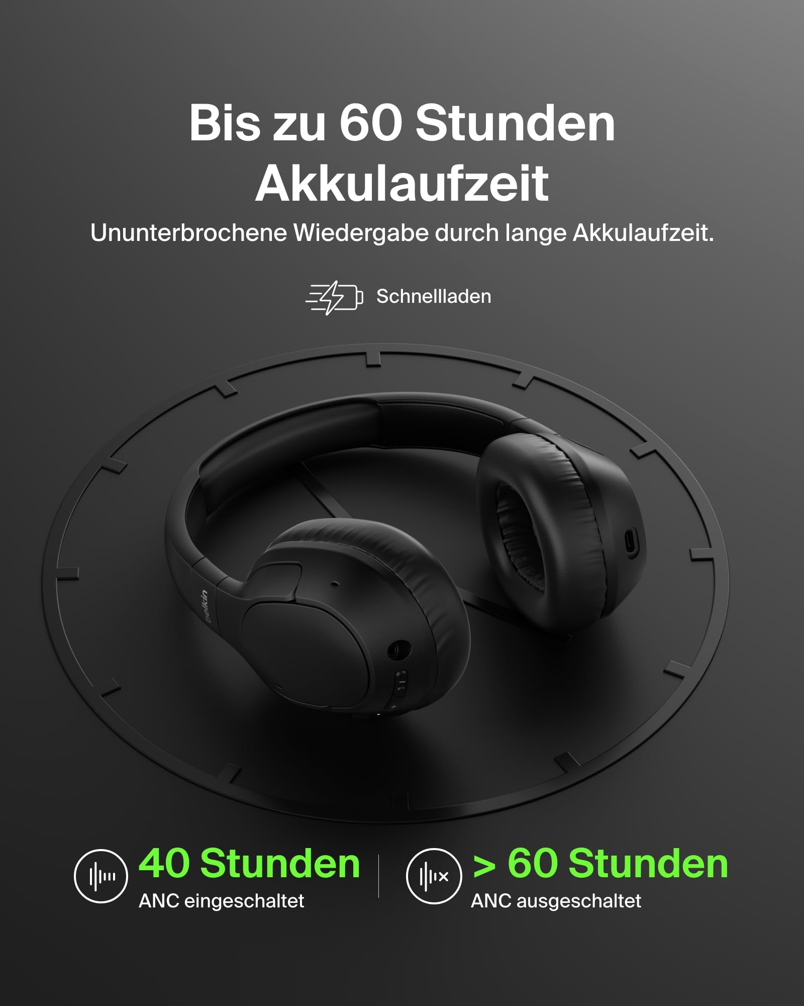 Belkin SoundForm Isolate Noise Cancelling Kopfhörer kabellos Bluetooth Kopfhörer, Headset mit Mikrofon, Over-Ear-Kopfhörer mit 60 Stunden Wiedergabe, tiefer Bass, CloudCushion Hörmuscheln – Schwarz 6