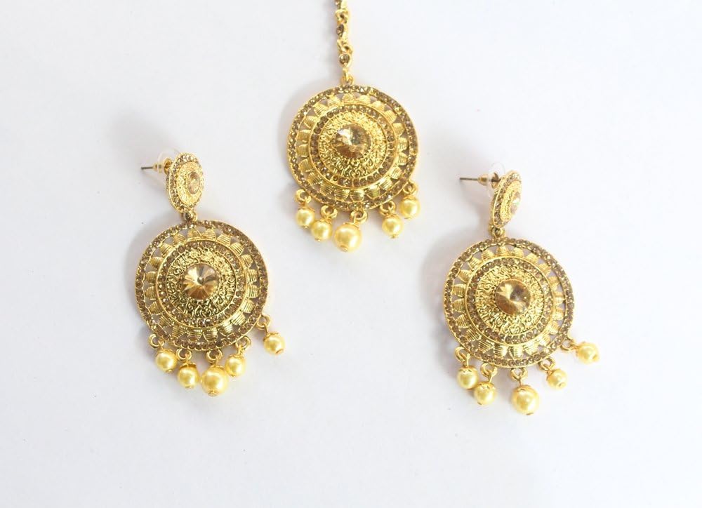 Amazon Com Gold Wedding Indian Bridal Earrings Tikka Jewelry Indian Earring Bollywood Set Everything Else