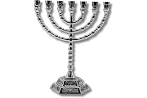 3 Arches USA 7 Branch Temple Menorah Silver Plated Home Decor - 12 Tribes of Israel Hexagonal Base Candle Holder, Stunning Workmanship in Metal Alloy. (Silver, 8" Inches)